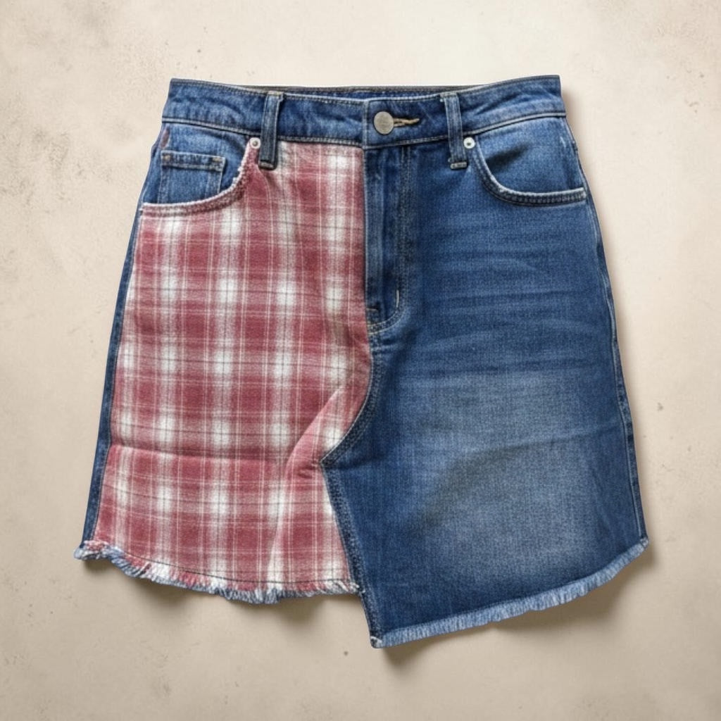 Easel Denim and Plaid Skirt