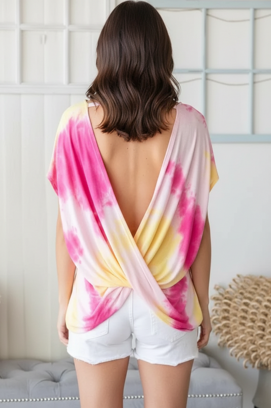Cy Fashion Top with Criss Cross Back with Pink and Yellow Tiedye