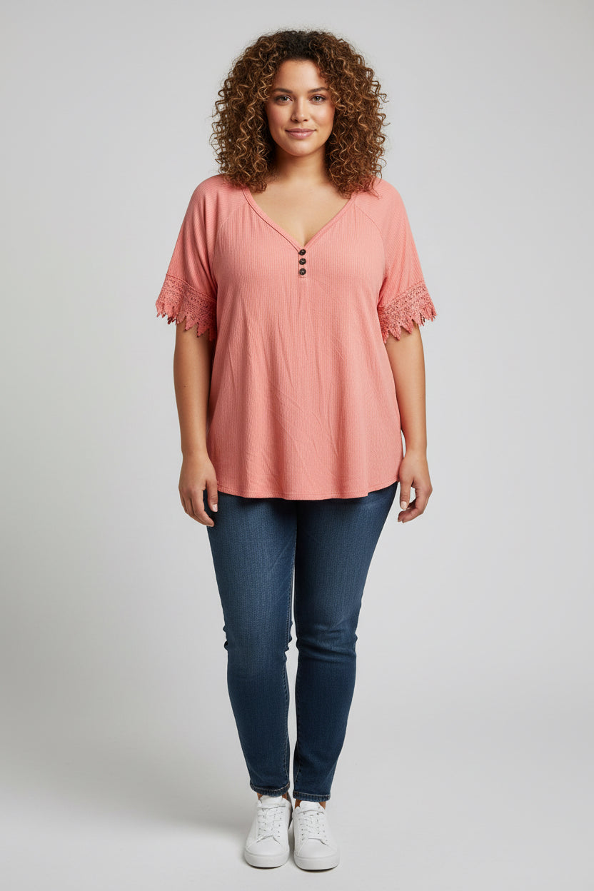 A.gain Plus Size Crochet Sleeve Top