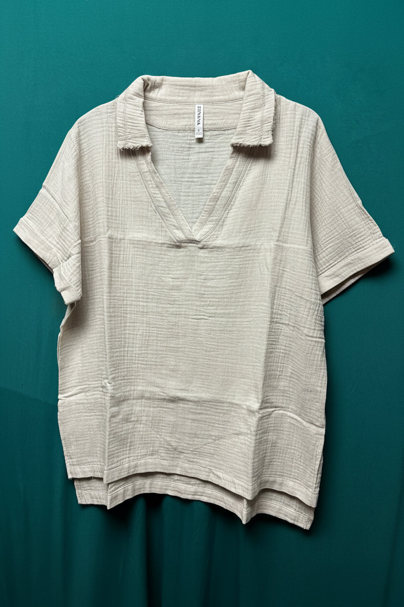 Zenana Double Cotton Gauze Collared Tee