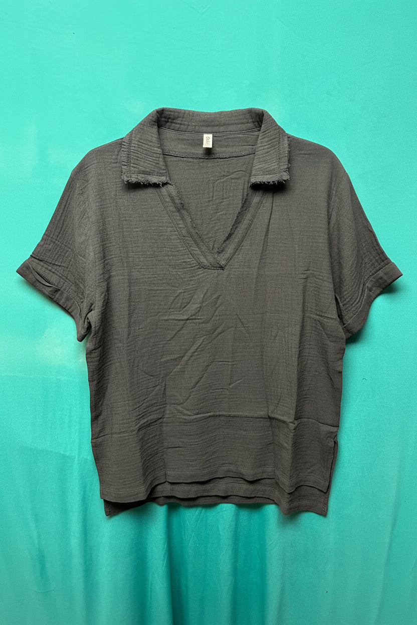 Zenana Double Cotton Gauze Collared Tee