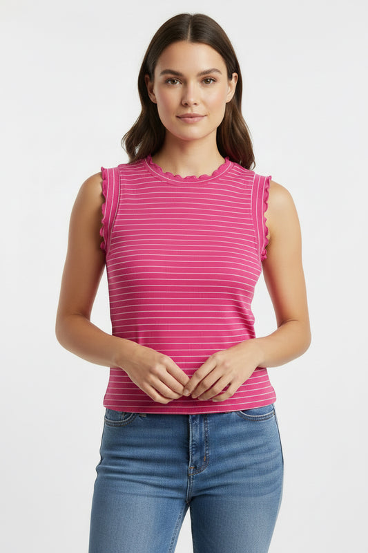 Zenana Tee With Stripes, Curly Sleeve and Collar
