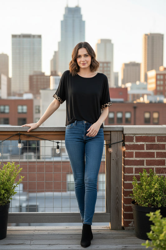 Heimish USA Black and cheetah Tunic Top