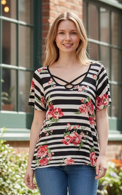 Ella Mara Striped Blouse with Roses