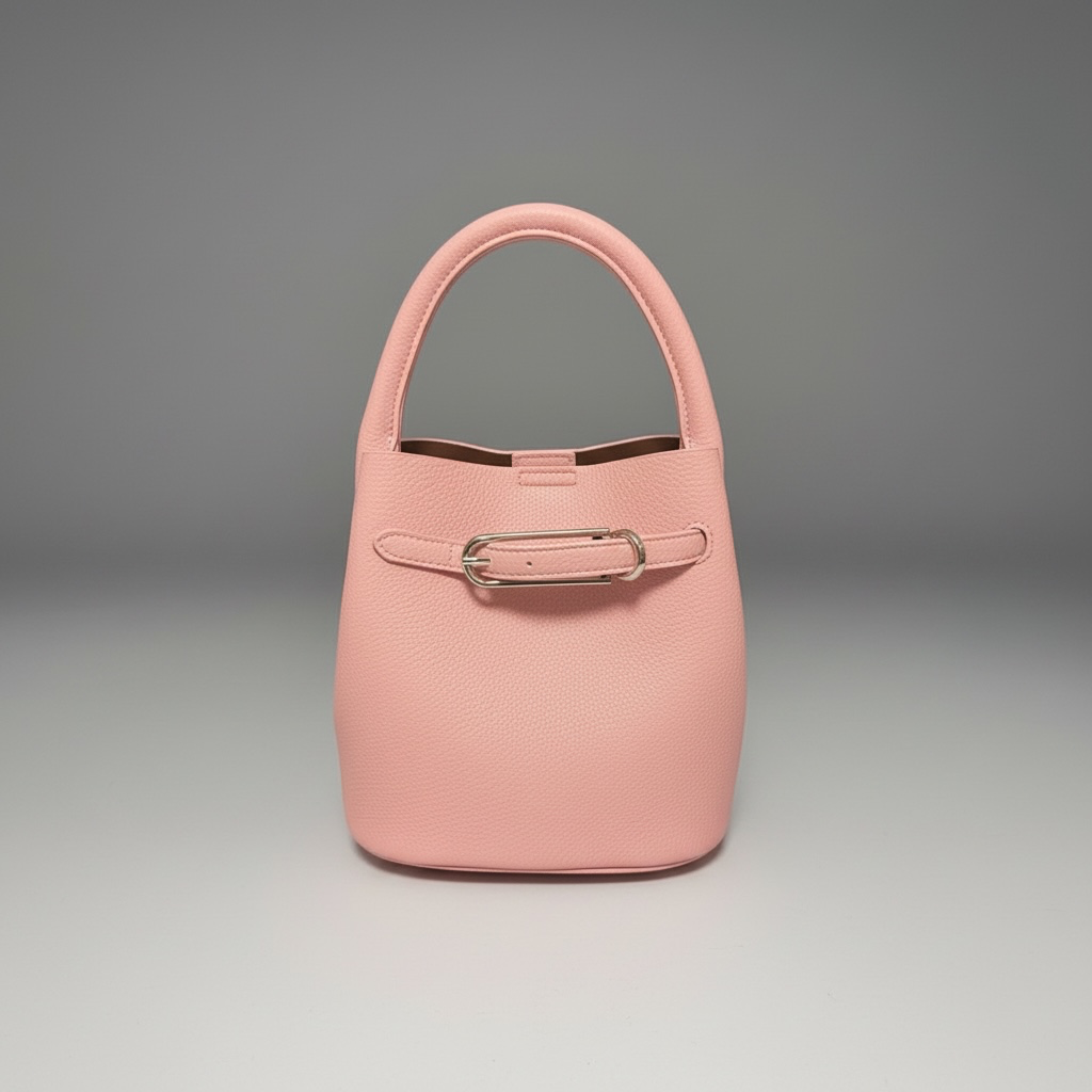 Blush Pink Pebbled Faux Leather Bucket Handbag