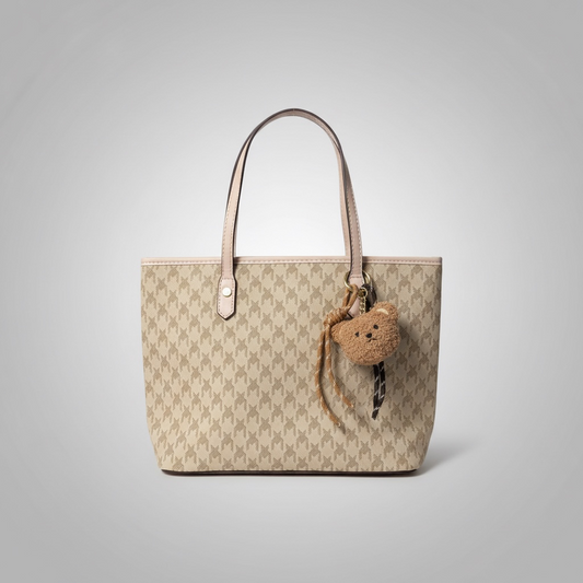 Neutral Monogram Print Tote Bag with Teddy Bear Charm