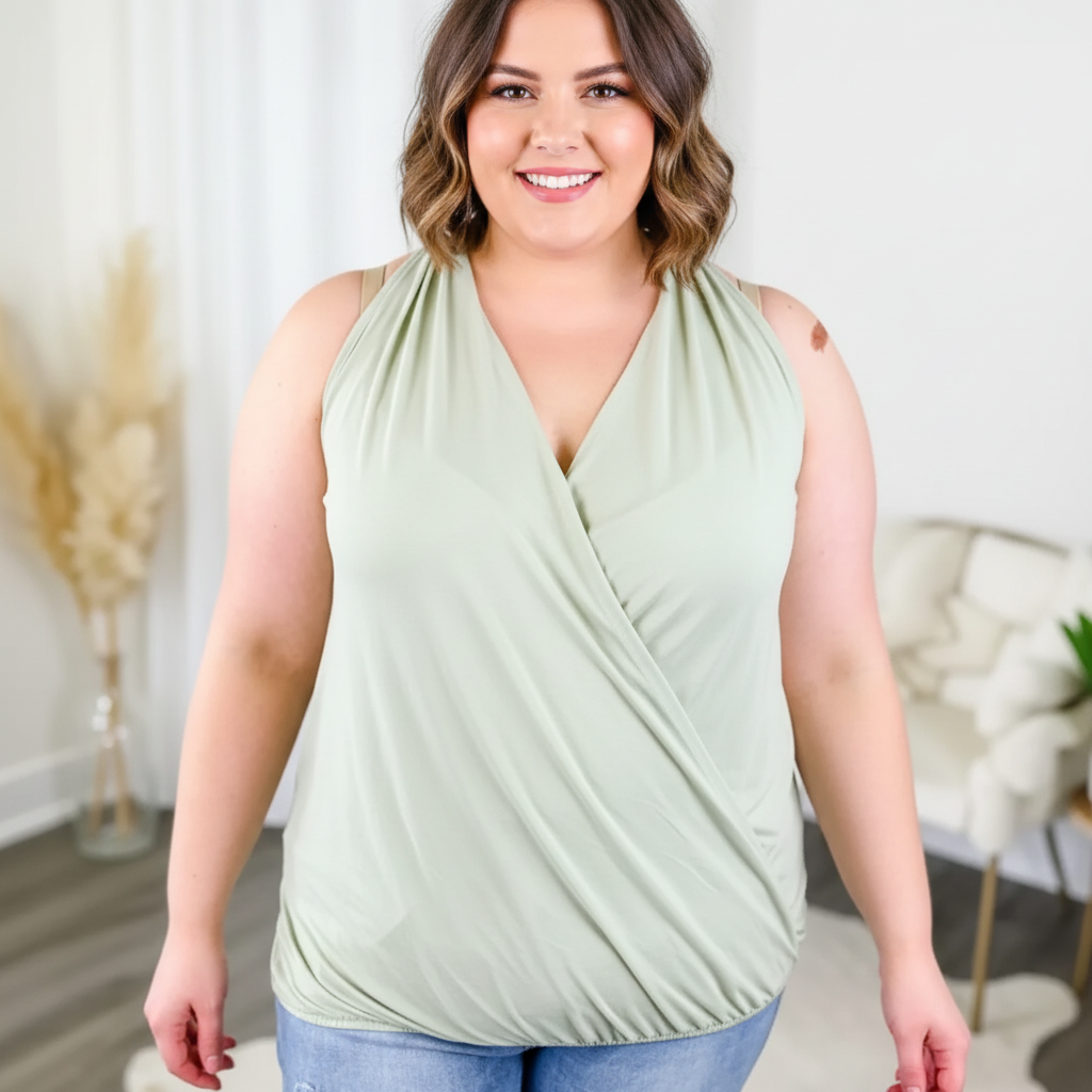 Zenana Sleeveless Draped Surplice Top in Plus