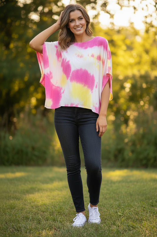 Cy Fashion Top with Criss Cross Back with Pink and Yellow Tiedye