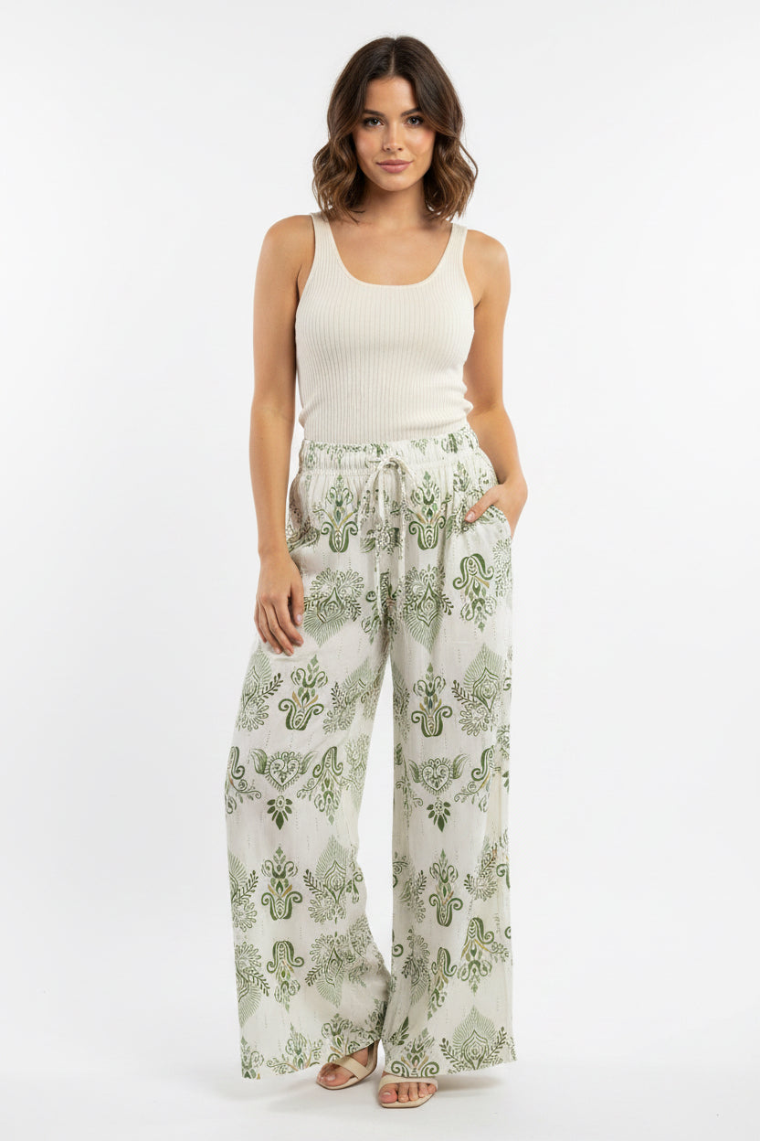 Sparkle Patterned Wide Leg Cotton Pant
