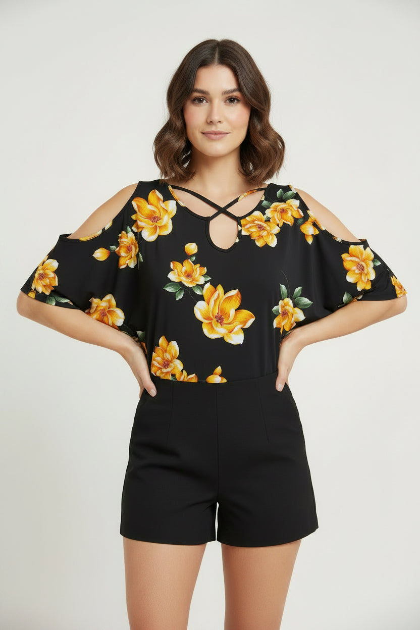 Noflik Floral Top with Cold Shoulders